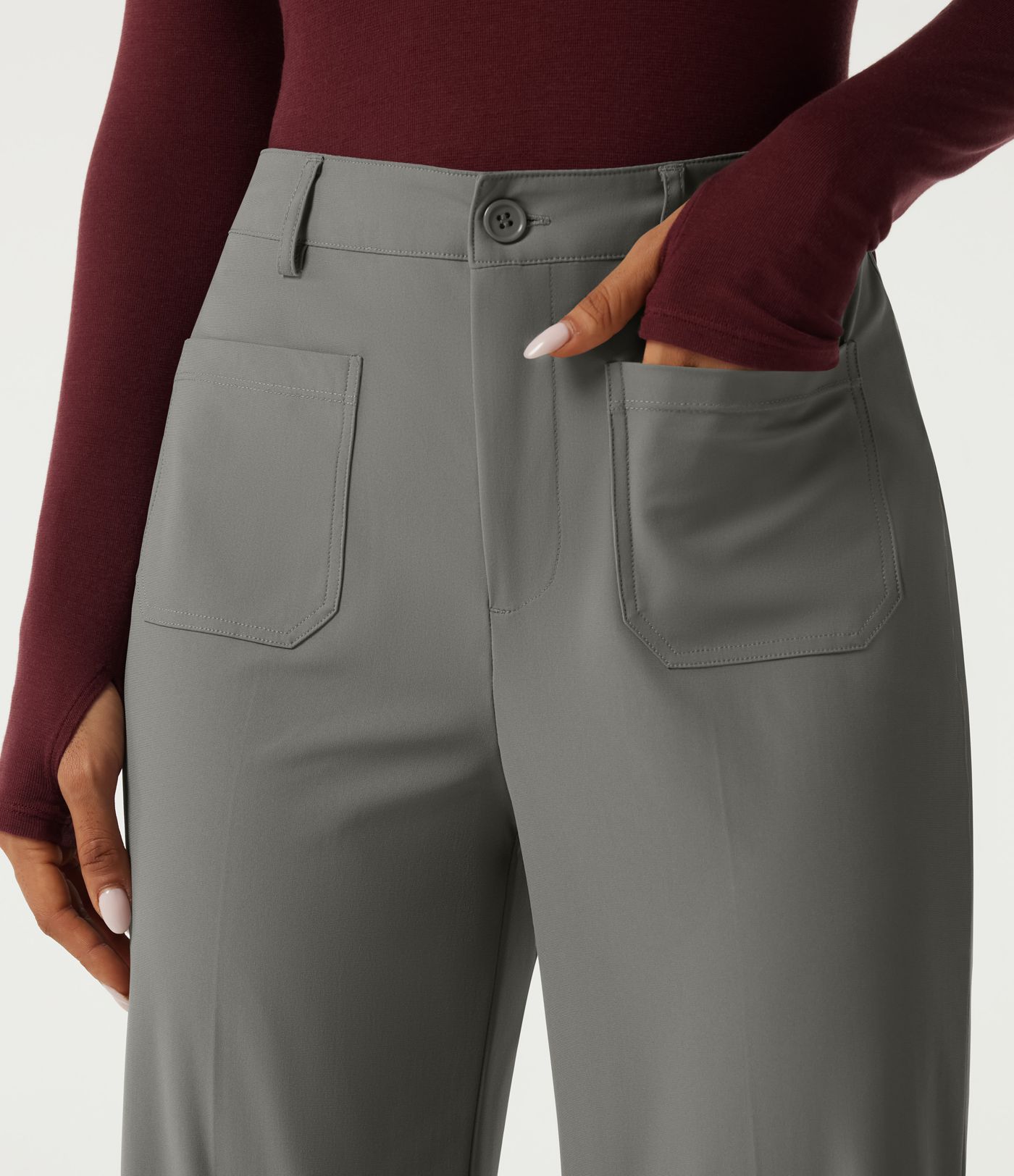 Wrinkle Recovery High Waisted Wide Leg Work Pants with Pockets