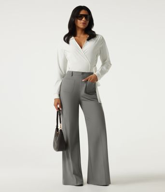 Wrinkle Recovery High Waisted Wide Leg Work Pants with Pockets
