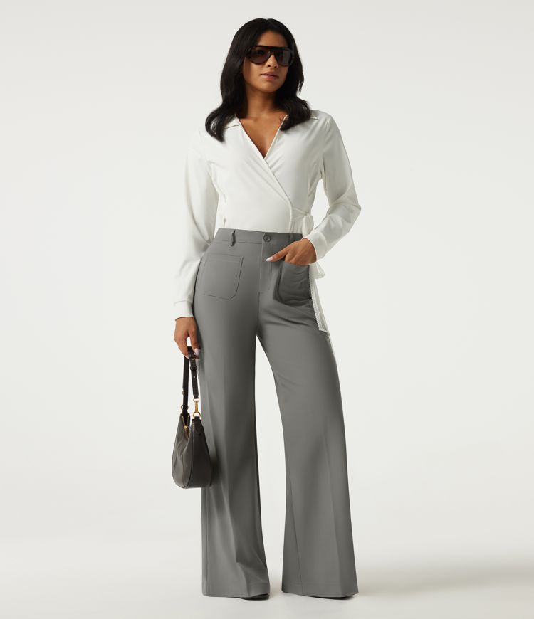 Wrinkle Recovery High Waisted Wide Leg Work Pants with Pockets