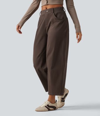 Mid Rise Barrel Leg Casual Cotton Pants with Pockets