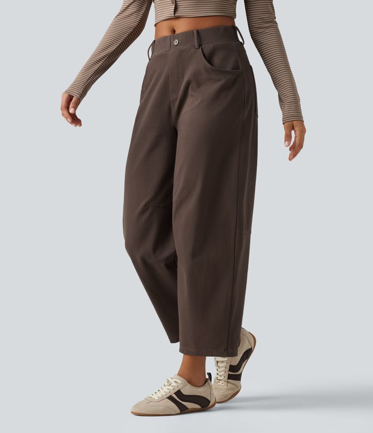 Mid Rise Barrel Leg Casual Cotton Pants with Pockets