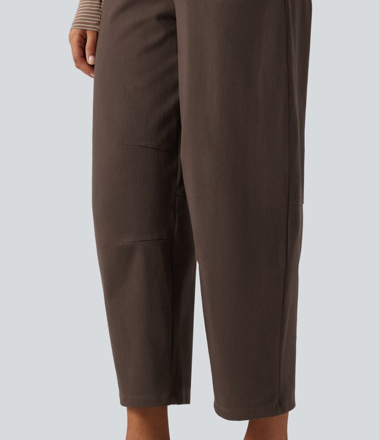 Mid Rise Barrel Leg Casual Cotton Pants with Pockets