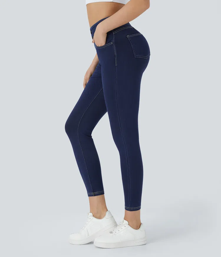 Washed Denim Navy Blue Halara Flex™ Curvy High Waisted Decorative Pockets  Casual 7/8 Jegging / 1