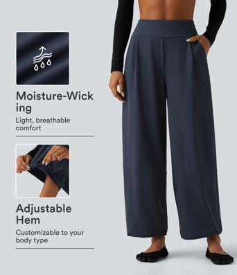 High Waisted Adjustable Drawcord Wide Leg Yoga Pants with Pockets High Waisted Adjustable Drawcord Wide Leg Yoga Pants with Pockets