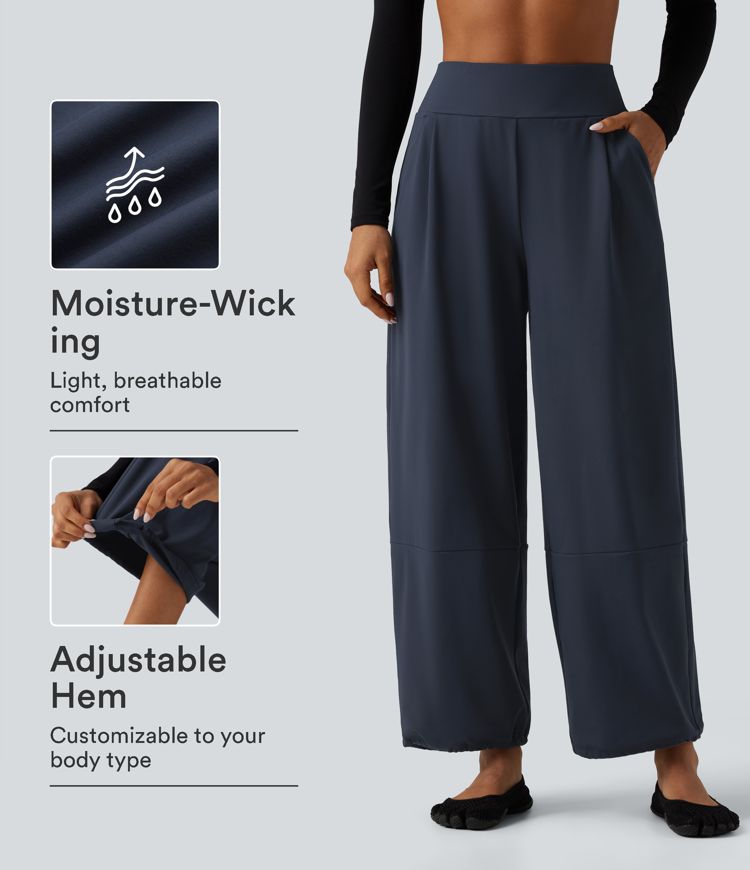 High Waisted Adjustable Drawcord Wide Leg Yoga Pants with Pockets High Waisted Adjustable Drawcord Wide Leg Yoga Pants with Pockets