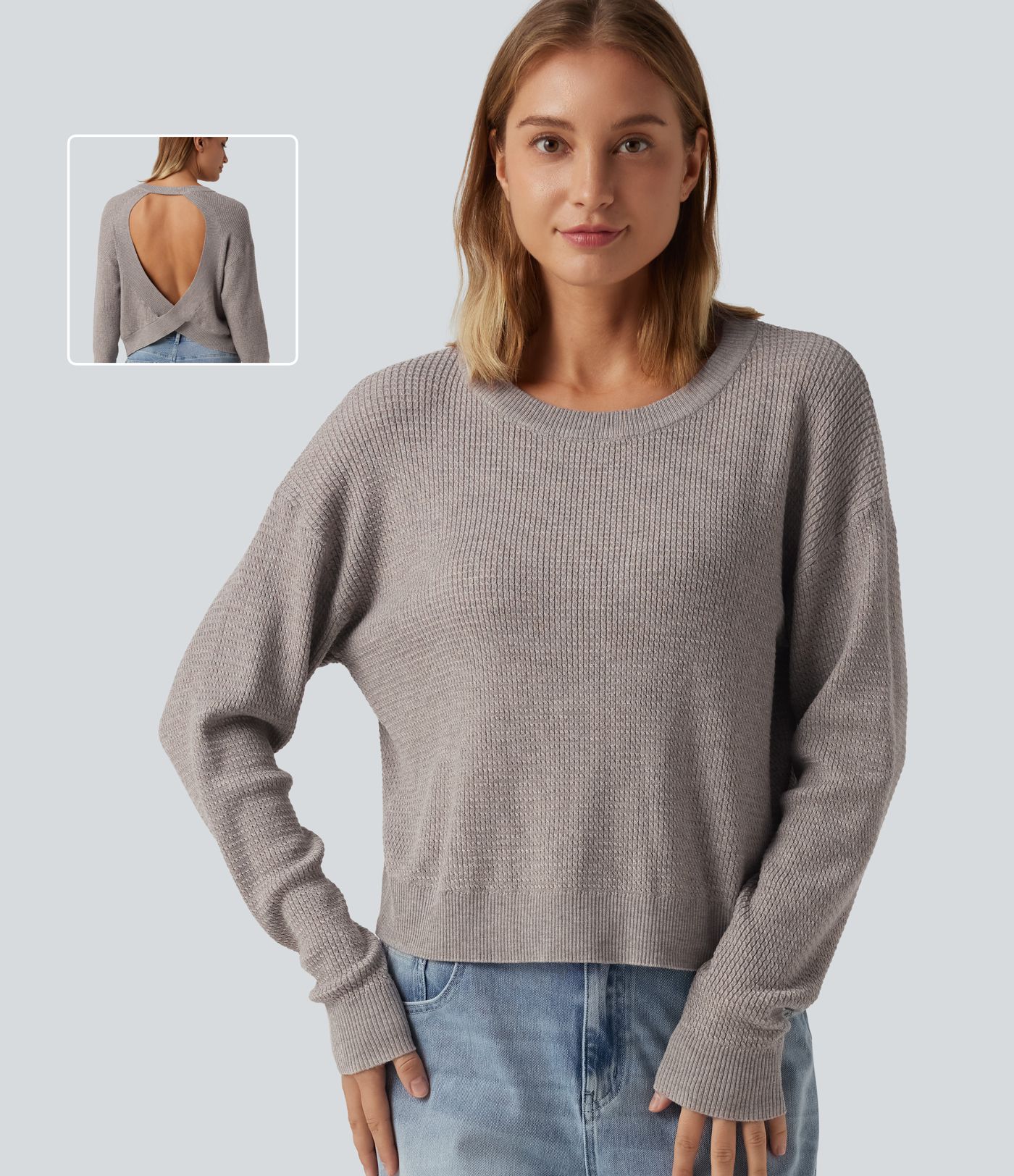 Round Neck Long Sleeve Cut-Out Back Casual Sweater Round Neck Long Sleeve Cut-Out Back Casual Sweater