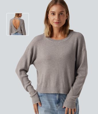 Round Neck Long Sleeve Cut-Out Back Casual Sweater Round Neck Long Sleeve Cut-Out Back Casual Sweater