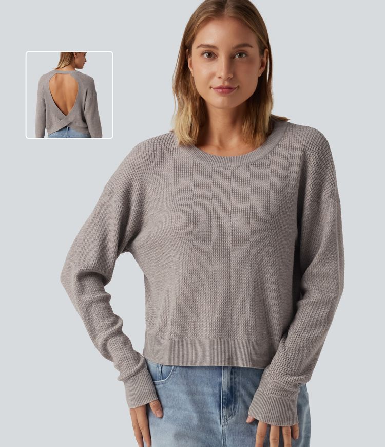 Round Neck Long Sleeve Cut-Out Back Casual Sweater Round Neck Long Sleeve Cut-Out Back Casual Sweater