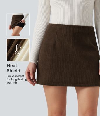 Mini-jupe courte taille haute, coupe évasée (A-line), en velours côtelé doublée polaire, style décontracté, avec short intégré Mini-jupe courte taille haute, coupe évasée (A-line), en velours côtelé doublée polaire, style décontracté, avec short intégré