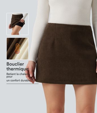 Jupe-short mini en velours côtelé doublé polaire à taille haute et coupe trapèze