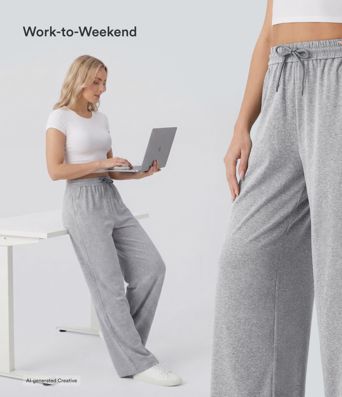 High Waisted Drawstring Pocket Wide Leg Baggy Casual Pants