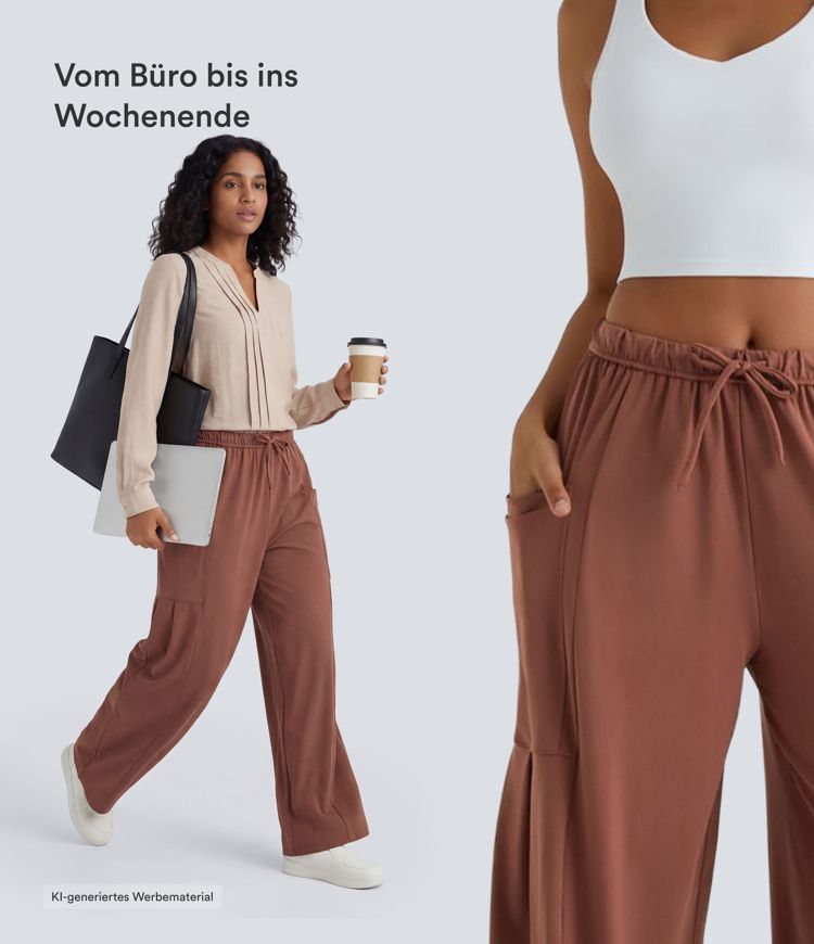 Palazzo Flowy Hose mit weitem Bein, mittelhohem elastischem Bund, Kordelzug und Seitentaschen