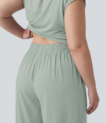 Plus Size Boat Neck Short Sleeve Drawstring Baggy Casual Jumpsuit with Pockets-Easy Peezy Edition