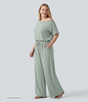 Plus Size Boat Neck Short Sleeve Drawstring Baggy Casual Jumpsuit with Pockets-Easy Peezy Edition