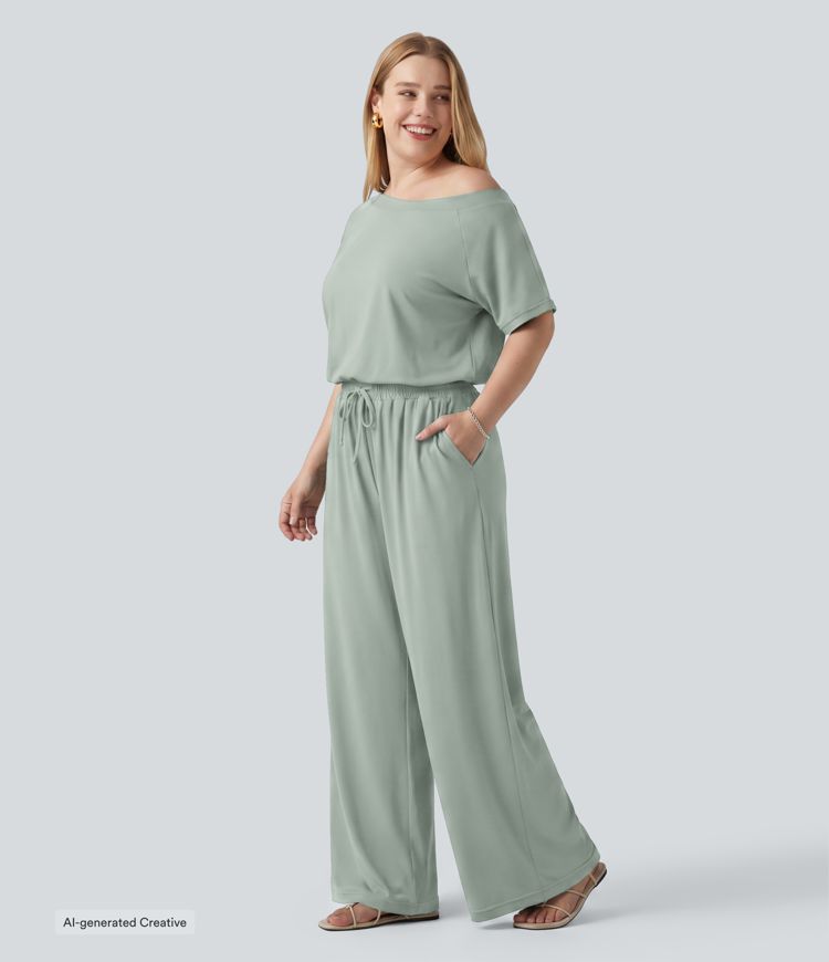 Plus Size Boat Neck Short Sleeve Drawstring Baggy Casual Jumpsuit with Pockets-Easy Peezy Edition