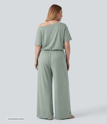 Plus Size Boat Neck Short Sleeve Drawstring Baggy Casual Jumpsuit with Pockets-Easy Peezy Edition