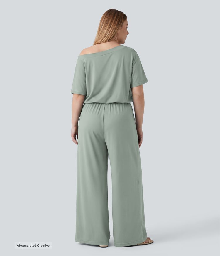 Plus Size Boat Neck Short Sleeve Drawstring Baggy Casual Jumpsuit with Pockets-Easy Peezy Edition