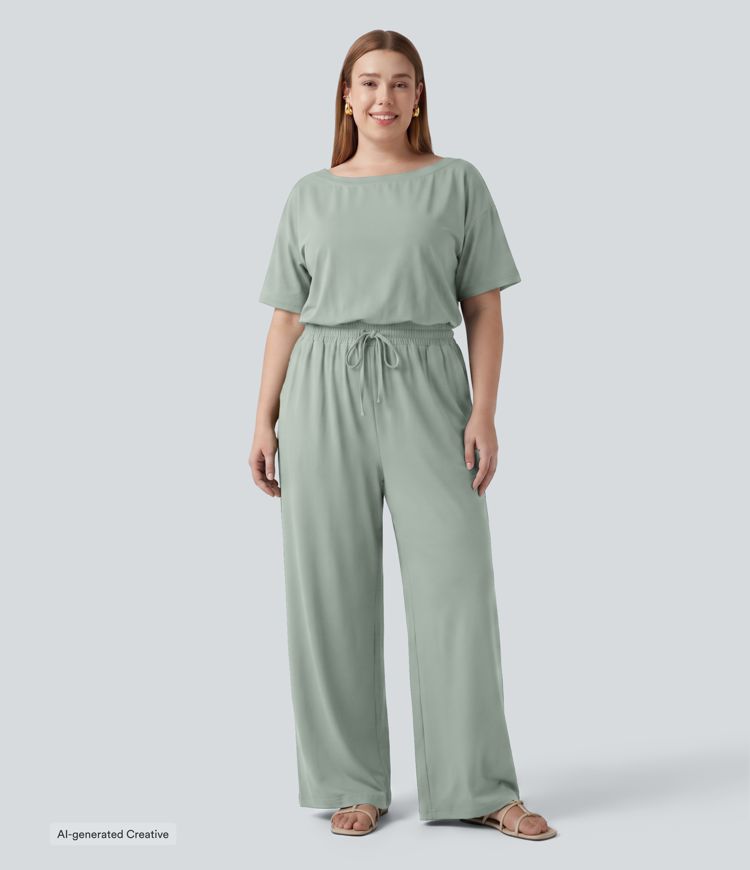 Plus Size Boat Neck Short Sleeve Drawstring Baggy Casual Jumpsuit with Pockets-Easy Peezy Edition