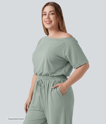 Plus Size Boat Neck Short Sleeve Drawstring Baggy Casual Jumpsuit with Pockets-Easy Peezy Edition