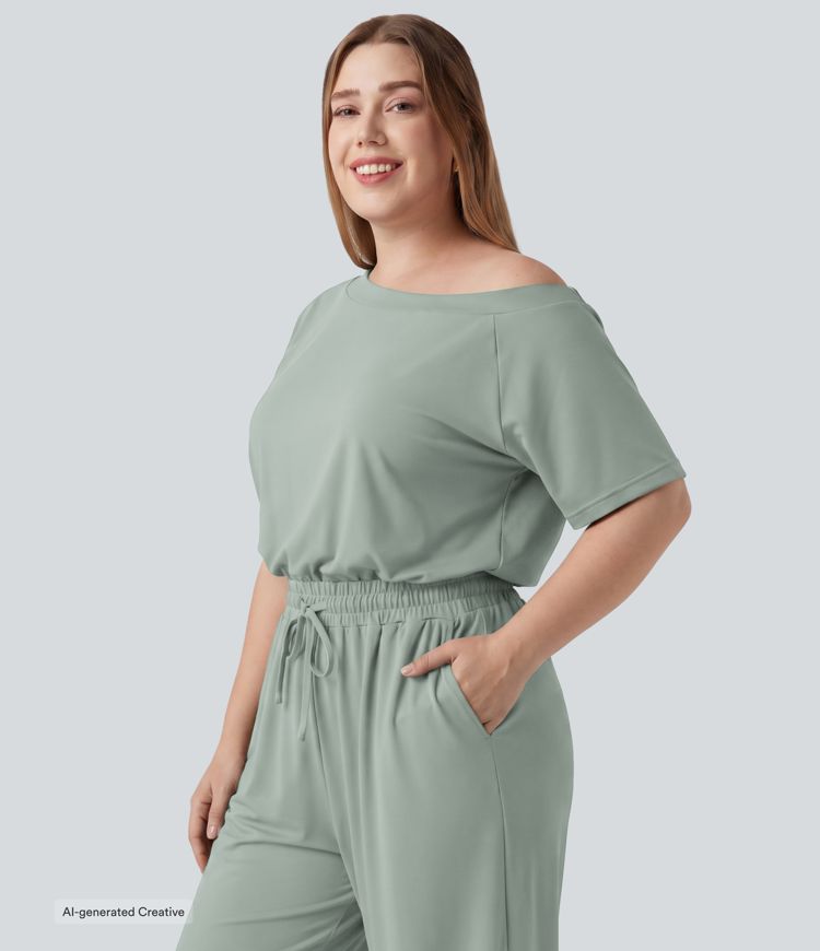 Plus Size Boat Neck Short Sleeve Drawstring Baggy Casual Jumpsuit with Pockets-Easy Peezy Edition