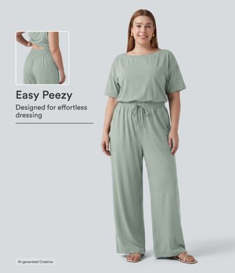 Plus Size Boat Neck Short Sleeve Drawstring Baggy Casual Jumpsuit with Pockets-Easy Peezy Edition