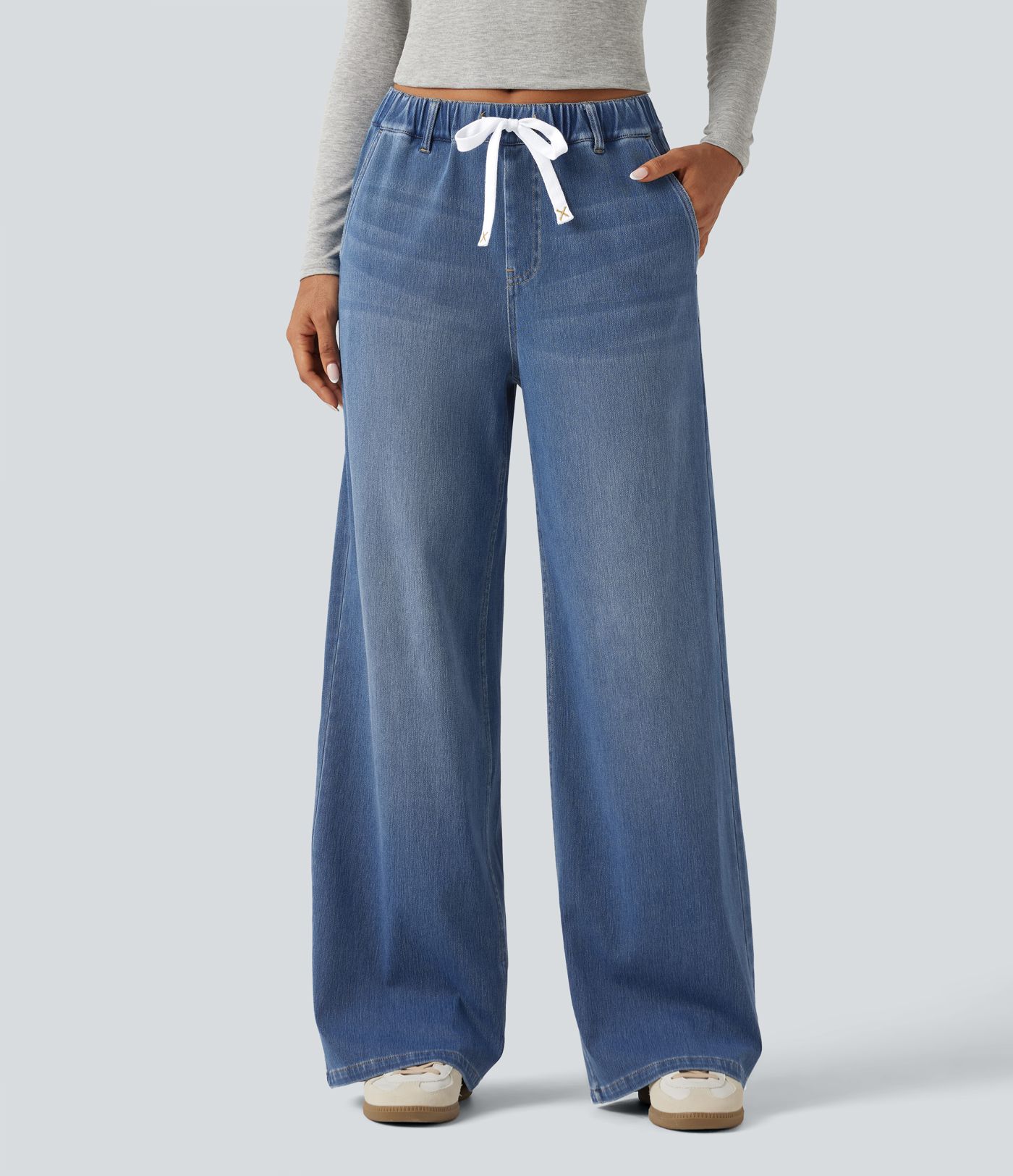 Halara Flex™ Mid Rise Drawstring Barrel Leg Casual Jeans with Pockets Halara Flex™ Mid Rise Drawstring Barrel Leg Casual Jeans with Pockets