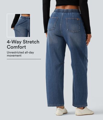 Halara Flex™ Mid Rise Drawstring Barrel Leg Casual Jeans with Pockets Halara Flex™ Mid Rise Drawstring Barrel Leg Casual Jeans with Pockets