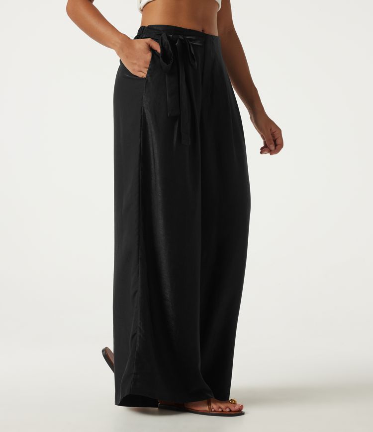 High Waisted Tie Side Baggy Linen-Blend Pants with Pockets