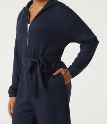 Hooded Dropped Long Sleeve Half Zip Tie Front Casual Jogger Jumpsuit with Pockets-Easy Peezy Edition