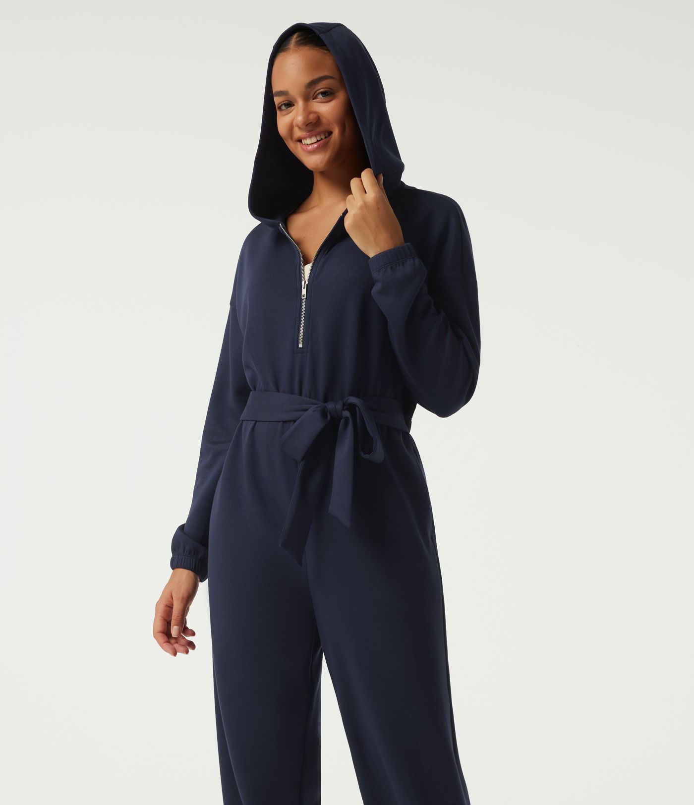 Hooded Dropped Long Sleeve Half Zip Tie Front Casual Jogger Jumpsuit with Pockets-Easy Peezy Edition