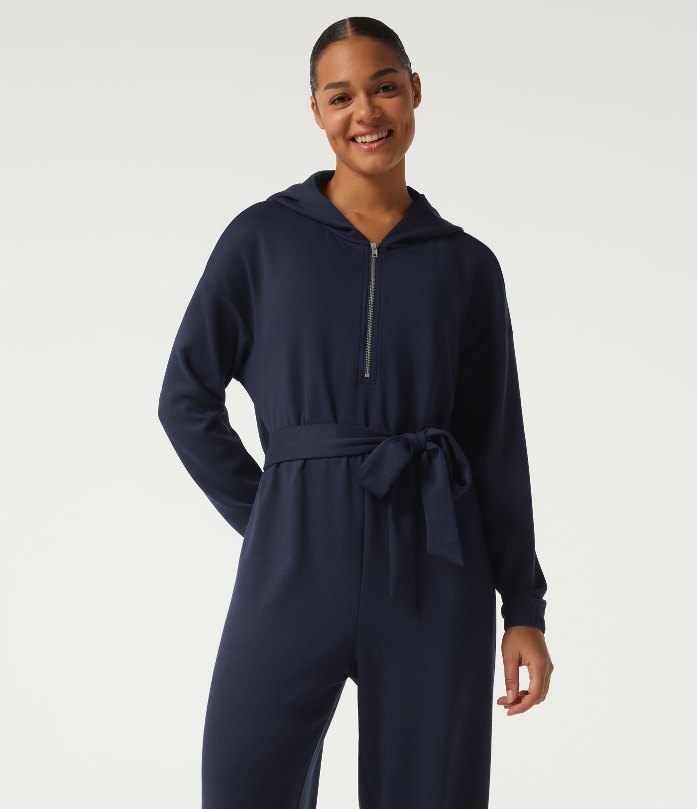 Hooded Dropped Long Sleeve Half Zip Tie Front Casual Jogger Jumpsuit with Pockets-Easy Peezy Edition