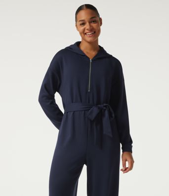 Hooded Dropped Long Sleeve Half Zip Tie Front Casual Jogger Jumpsuit with Pockets-Easy Peezy Edition