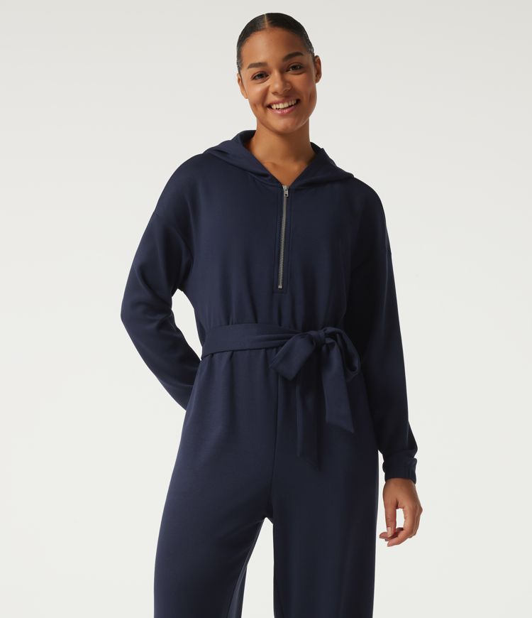 Hooded Dropped Long Sleeve Half Zip Tie Front Casual Jogger Jumpsuit with Pockets-Easy Peezy Edition