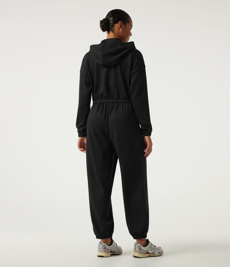 Black Hooded Dropped Long Sleeve Half Zip Tie Front Casual Jogger Jumpsuit with Pockets-Easy Peezy Edition / 2
