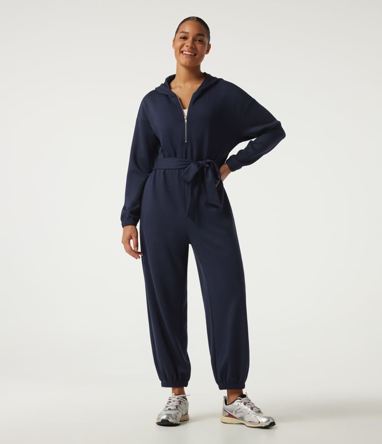 Hooded Dropped Long Sleeve Half Zip Tie Front Casual Jogger Jumpsuit with Pockets-Easy Peezy Edition