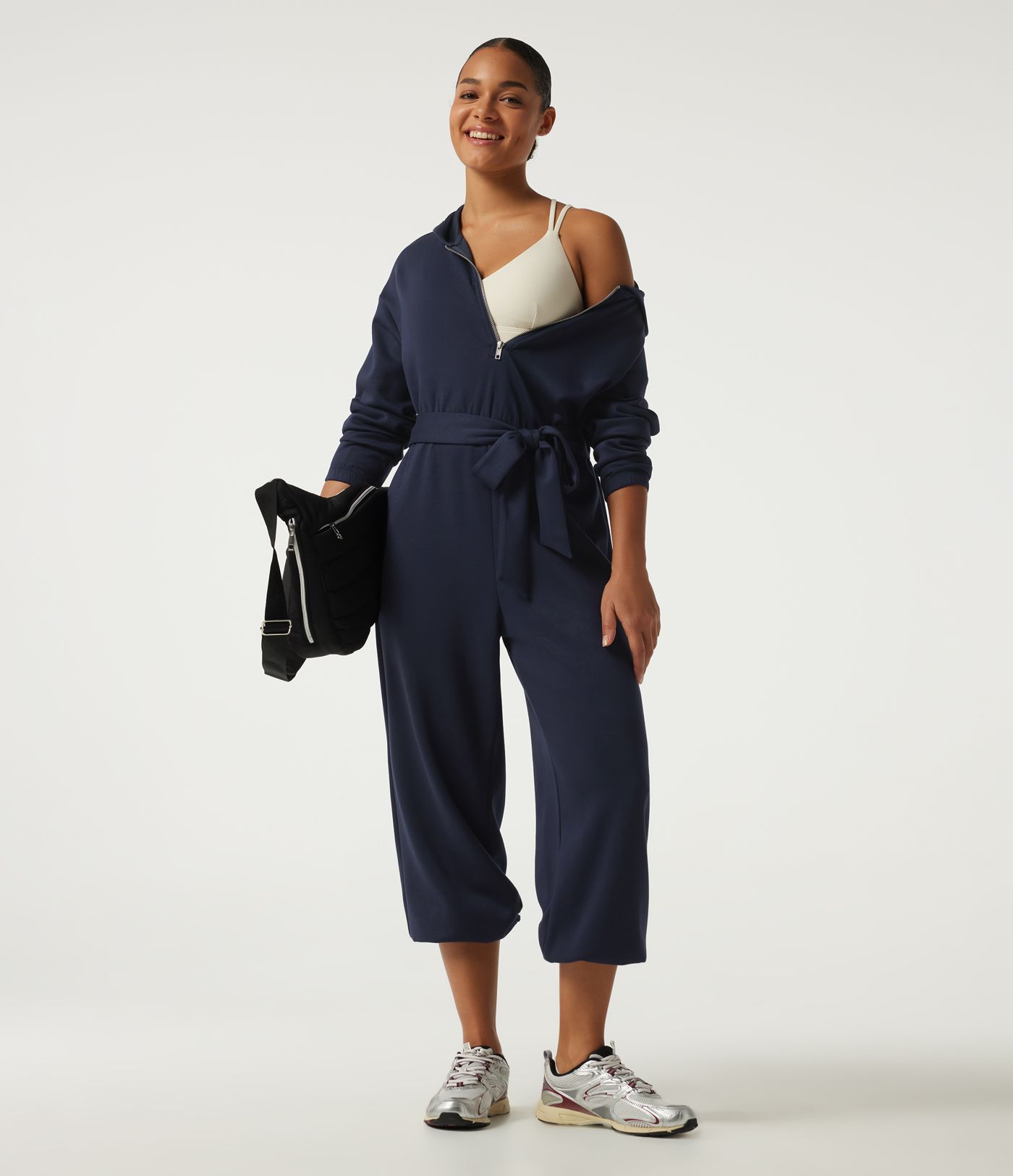 Hooded Dropped Long Sleeve Half Zip Tie Front Casual Jogger Jumpsuit with Pockets-Easy Peezy Edition