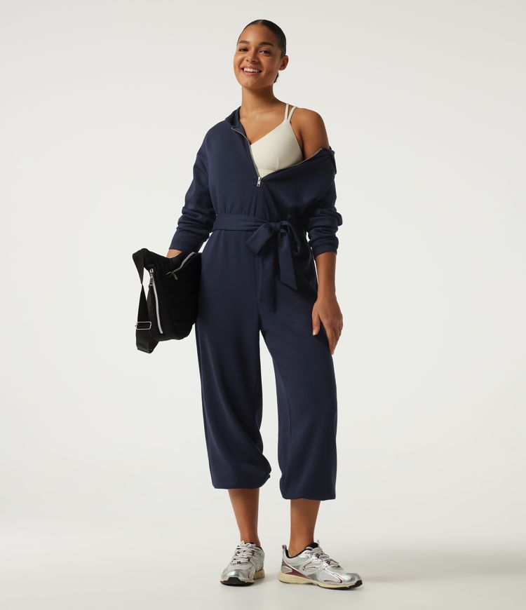 Hooded Dropped Long Sleeve Half Zip Tie Front Casual Jogger Jumpsuit with Pockets-Easy Peezy Edition