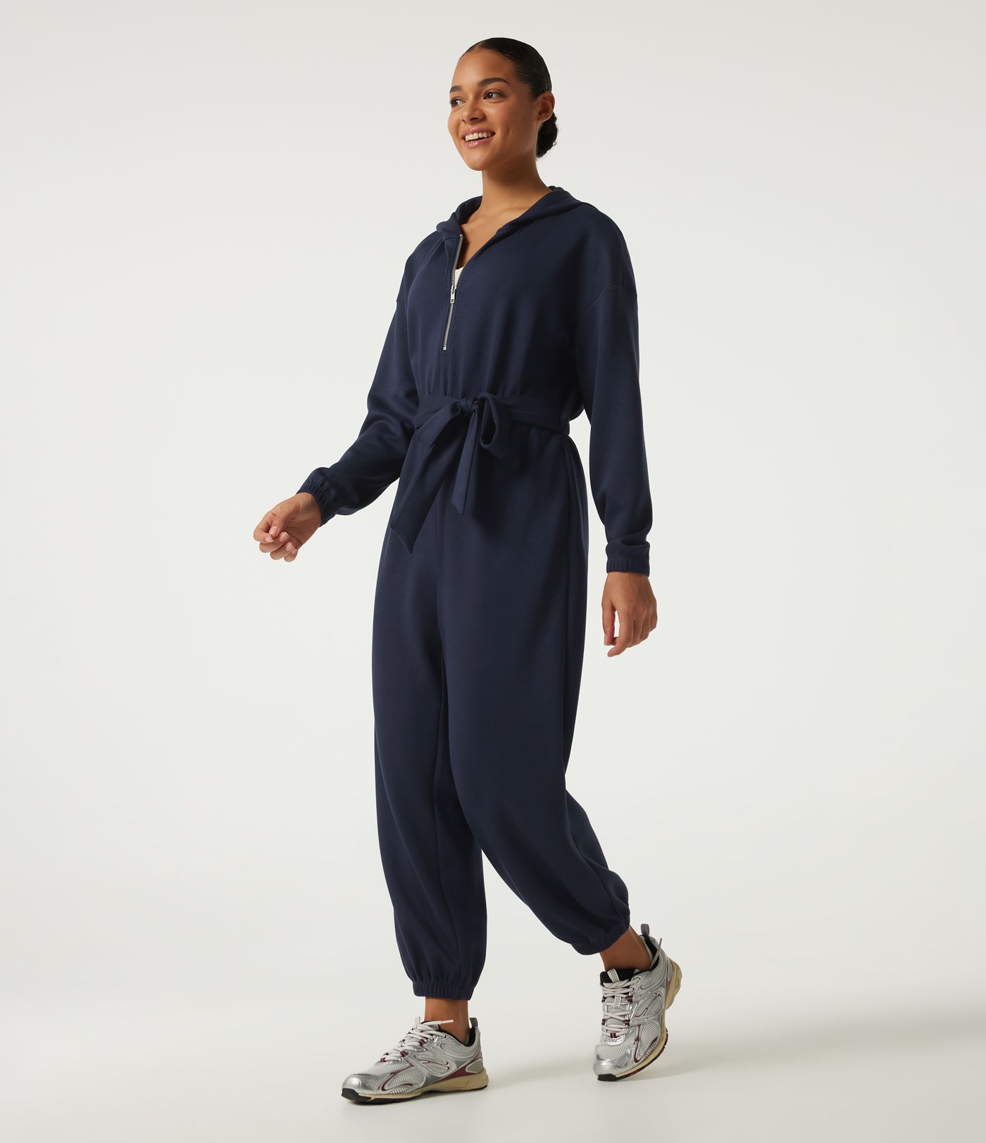 Hooded Dropped Long Sleeve Half Zip Tie Front Casual Jogger Jumpsuit with Pockets-Easy Peezy Edition