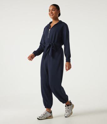 Hooded Dropped Long Sleeve Half Zip Tie Front Casual Jogger Jumpsuit with Pockets-Easy Peezy Edition