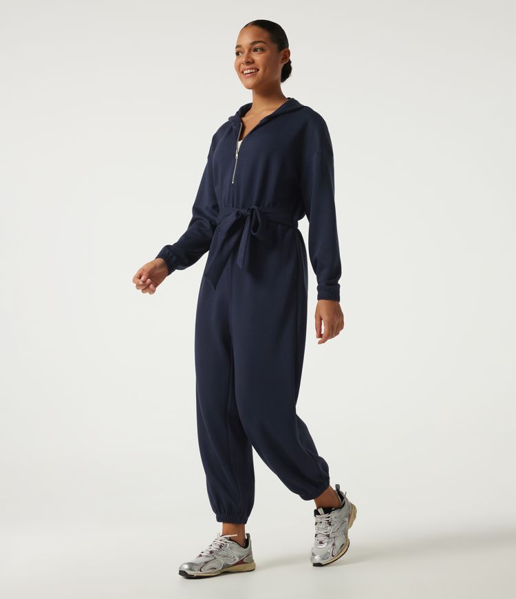 Hooded Dropped Long Sleeve Half Zip Tie Front Casual Jogger Jumpsuit with Pockets-Easy Peezy Edition