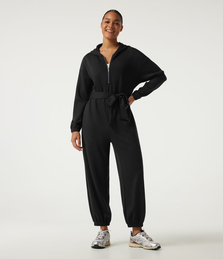 Hooded Dropped Long Sleeve Half Zip Tie Front Casual Jogger Jumpsuit with Pockets-Easy Peezy Edition