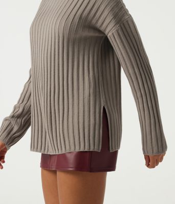 Ribbed Knit High Neck Dropped Long Sleeve Work Sweater Ribbed Knit High Neck Dropped Long Sleeve Work Sweater