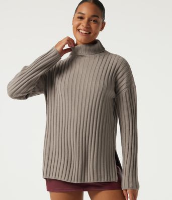 Ribbed Knit High Neck Dropped Long Sleeve Work Sweater Ribbed Knit High Neck Dropped Long Sleeve Work Sweater