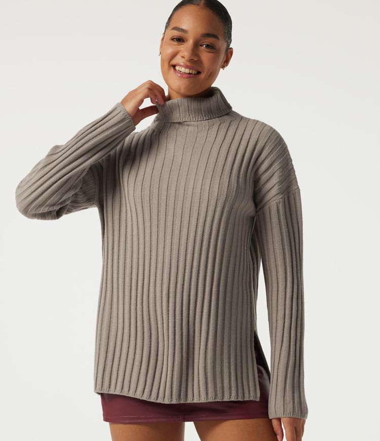 Ribbed Knit High Neck Dropped Long Sleeve Work Sweater Ribbed Knit High Neck Dropped Long Sleeve Work Sweater