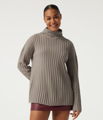 Ribbed Knit High Neck Dropped Long Sleeve Work Sweater Ribbed Knit High Neck Dropped Long Sleeve Work Sweater