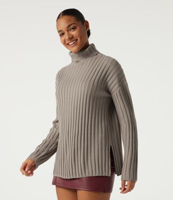 Ribbed Knit High Neck Dropped Long Sleeve Work Sweater Ribbed Knit High Neck Dropped Long Sleeve Work Sweater