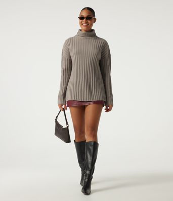 Ribbed Knit High Neck Dropped Long Sleeve Work Sweater Ribbed Knit High Neck Dropped Long Sleeve Work Sweater