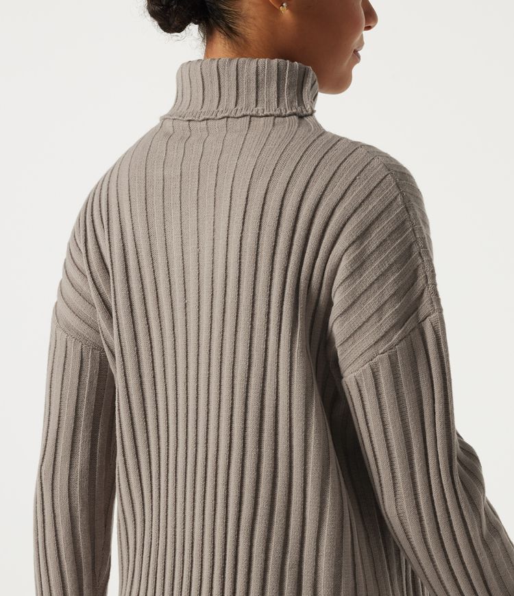 Ribbed Knit High Neck Dropped Long Sleeve Work Sweater Ribbed Knit High Neck Dropped Long Sleeve Work Sweater
