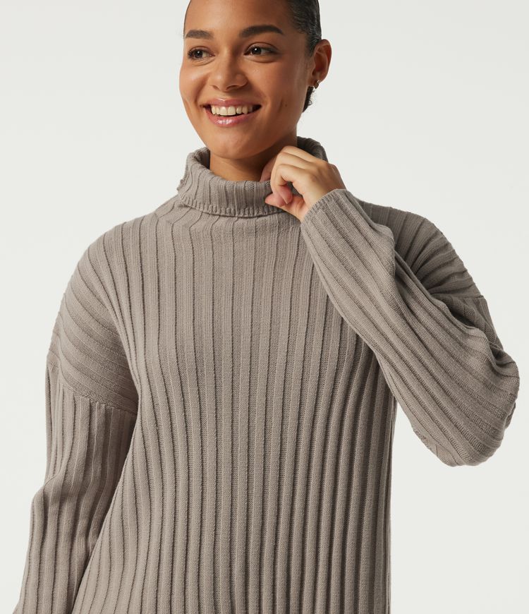 Ribbed Knit High Neck Dropped Long Sleeve Work Sweater Ribbed Knit High Neck Dropped Long Sleeve Work Sweater