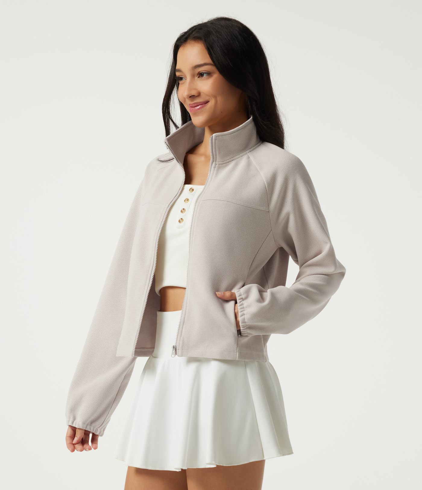 Stand Collar Raglan Long Sleeve Waffle Casual Windbreaker Jacket with Pockets